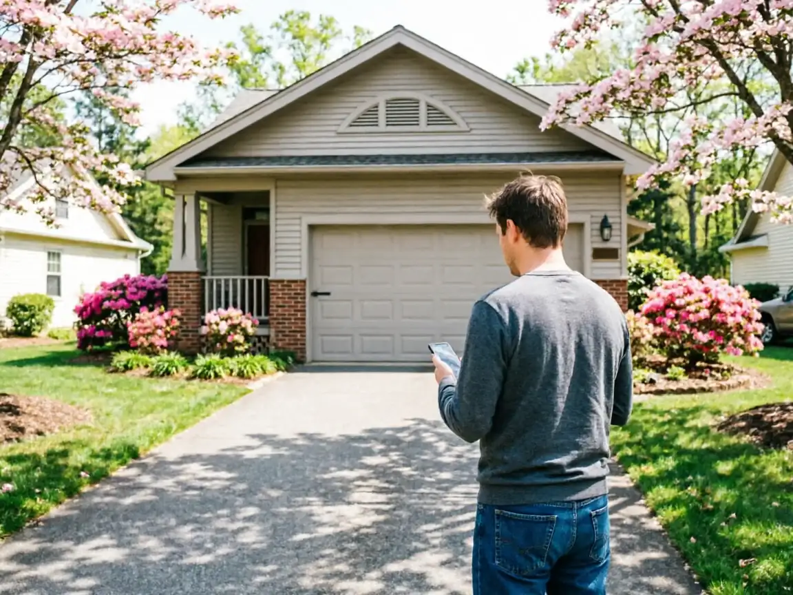 A man stands in a driveway looking at his phone, facing a house with a garage.
