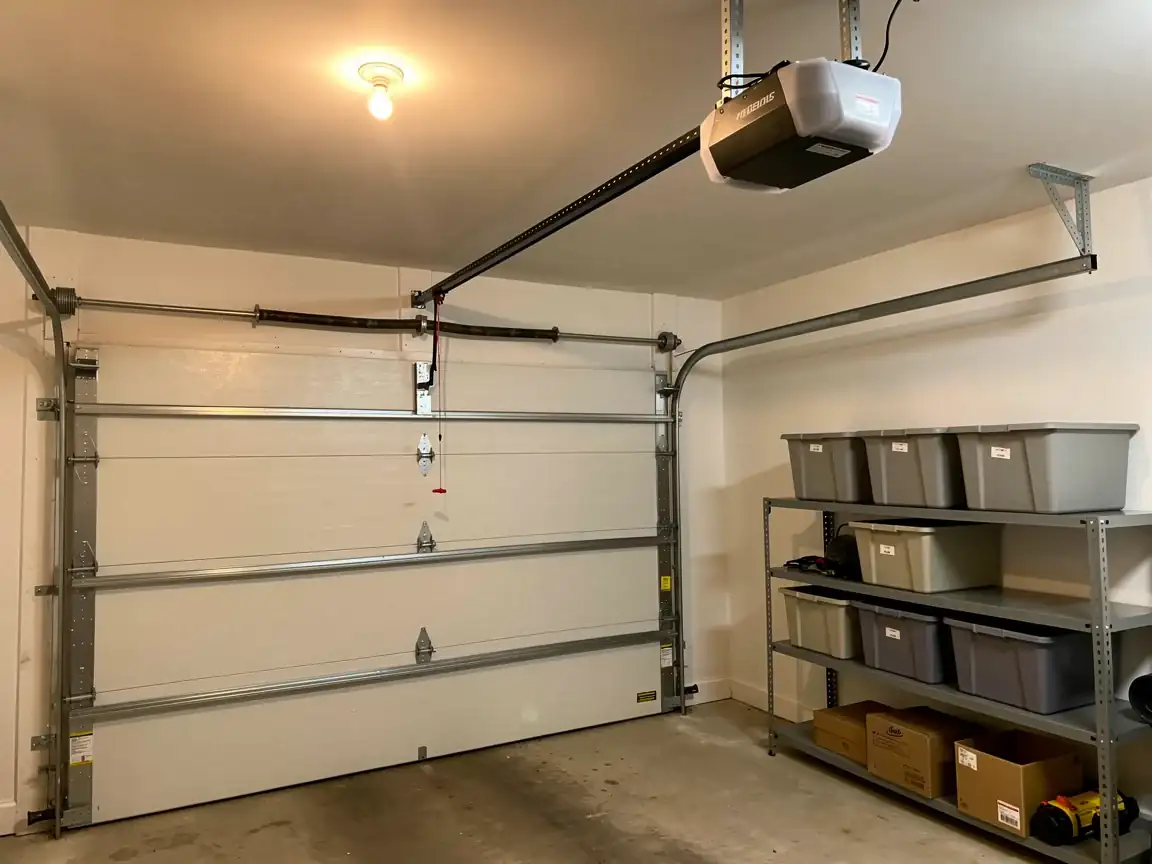 A white garage door is closed, with an opener and storage shelves visible.