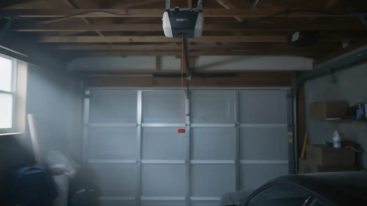 A garage door opener hangs from the ceiling with a red emergency release cord.